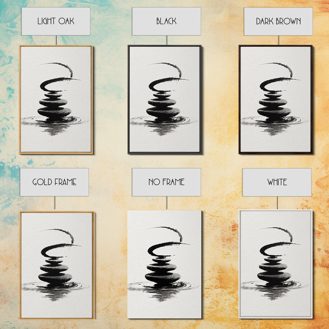 Zen Black And White Inkwash Painting Of Stacked Stones With Circle And Ripples Minimalist Wall Art For Office Decor Canvas Print