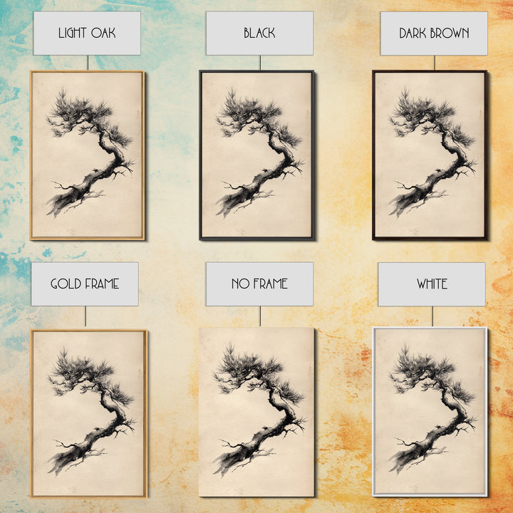 Elegant Black Ink Brush Style Bonsai Tree On Textured Natural Paper Minimalist Botanical Wall Art Print