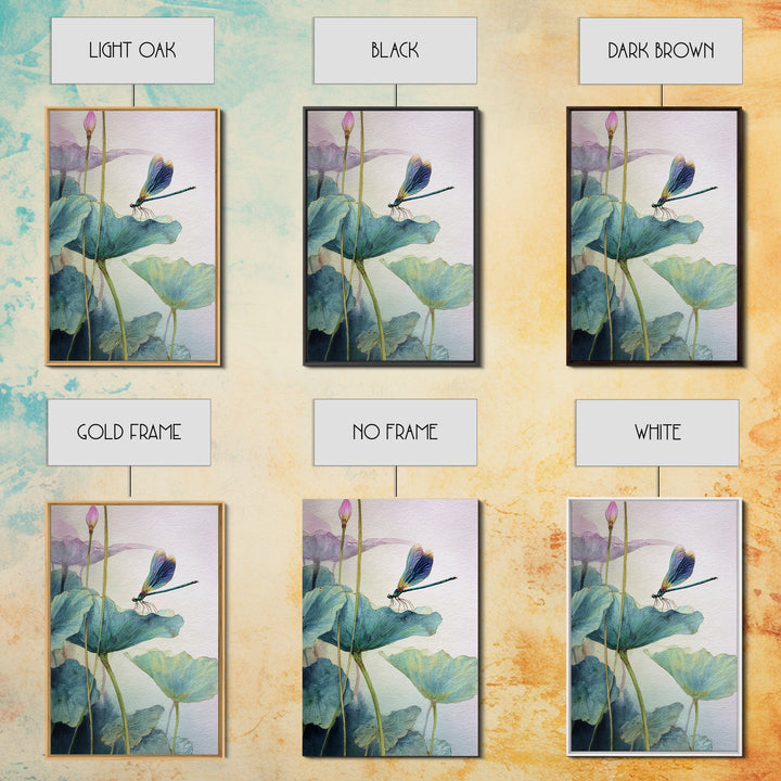 Elegant Watercolor Painting Of Dragonfly On Lotus Leaves With Soft Pastel Background Abstract Art Print Wall Art