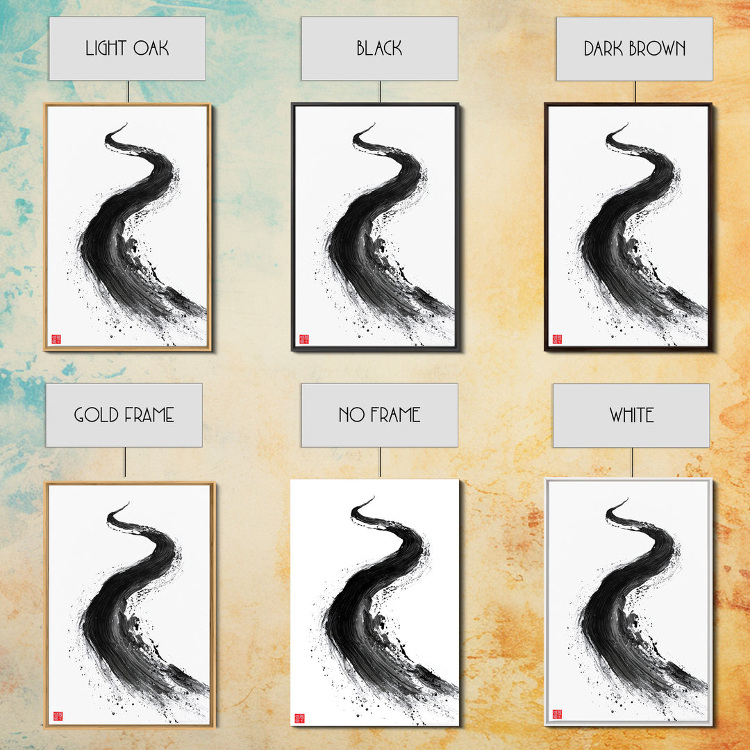 Dynamic Abstract Black Ink Brush Stroke Flow Calligraphy Art Print Minimalist Wall Art For Modern Home Decor Framed Canvas Print