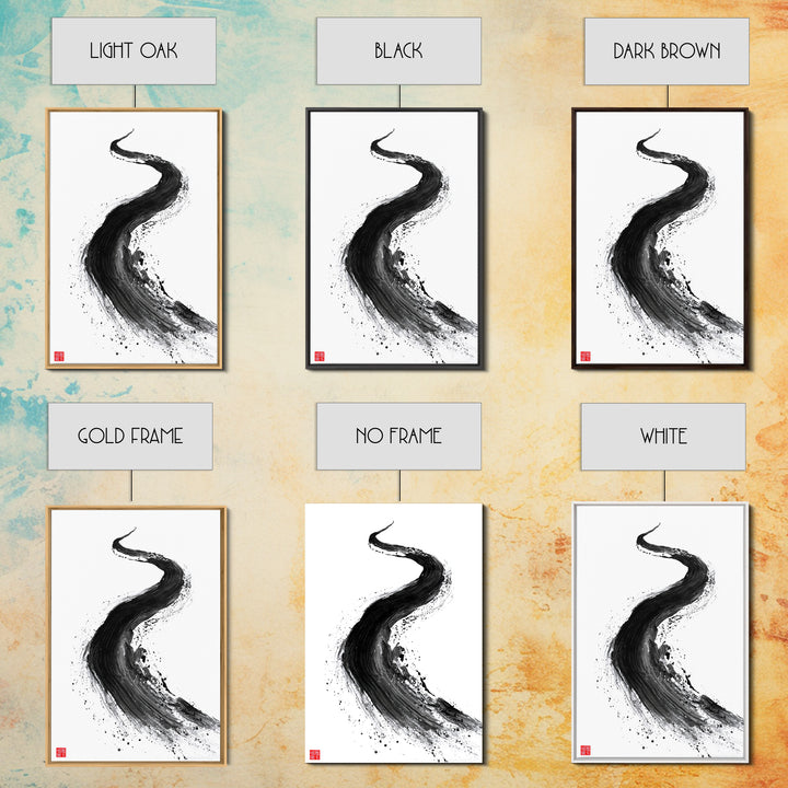 Dynamic Abstract Black Ink Brush Stroke Flow Calligraphy Art Print Minimalist Wall Art For Modern Home Decor Framed Canvas Print