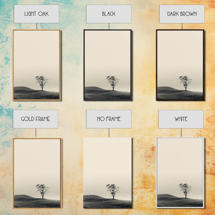 Solitary Tree Landscape Black White Minimalist Nature Wall Art Print Framed Canvas Print For Modern Home Decor