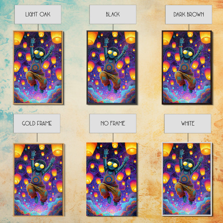 Joyful Blue Child With Lanterns Colorful Abstract Painting Wall Art For Kids Room