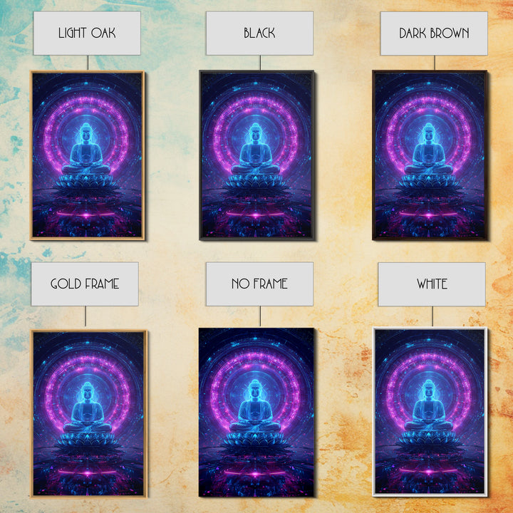 Futuristic Buddha Neon Cyber Meditation Spiritual Wall Art Framed Canvas Print for Modern Zen Home Decor