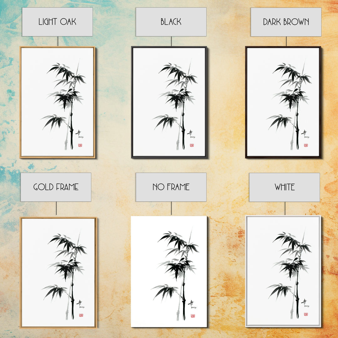 Traditional Black Ink Bamboo Painting Canvas Print, Japanese Sumi-e Style Wall Art, Elegant Minimalist Home Decor