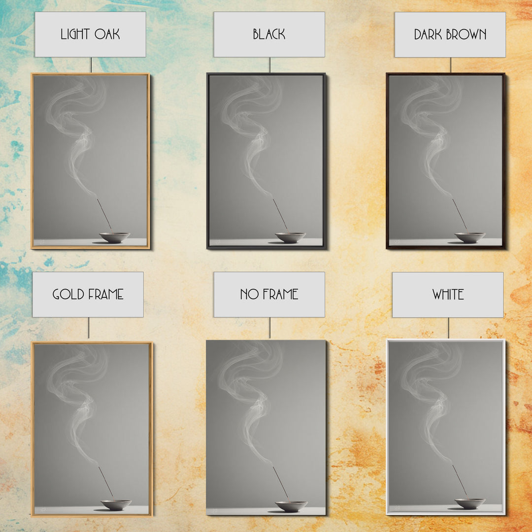 Mystical Incense Stick With Smoke Swirls On Minimalist Gray Background Canvas Print For Relaxation Spaces
