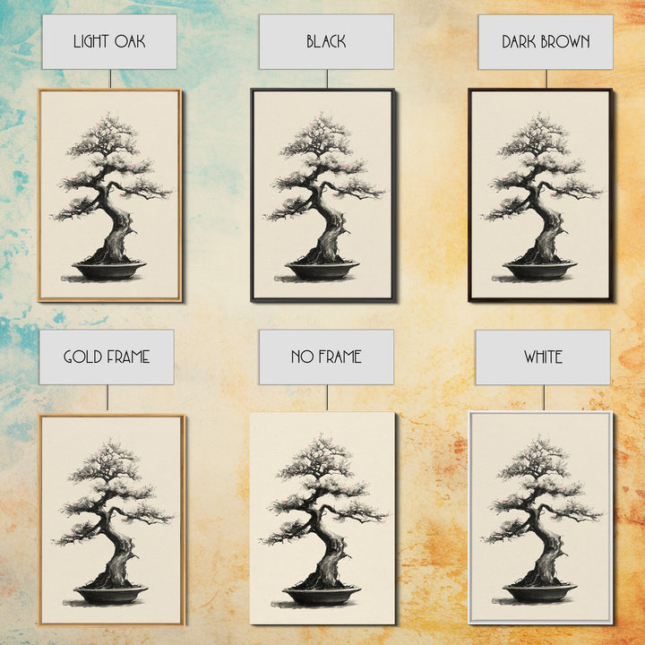 Delicate Bonsai Tree Traditional Ink Style Painting Wall Art Framed Canvas Print For Japanese Inspired Home Decor