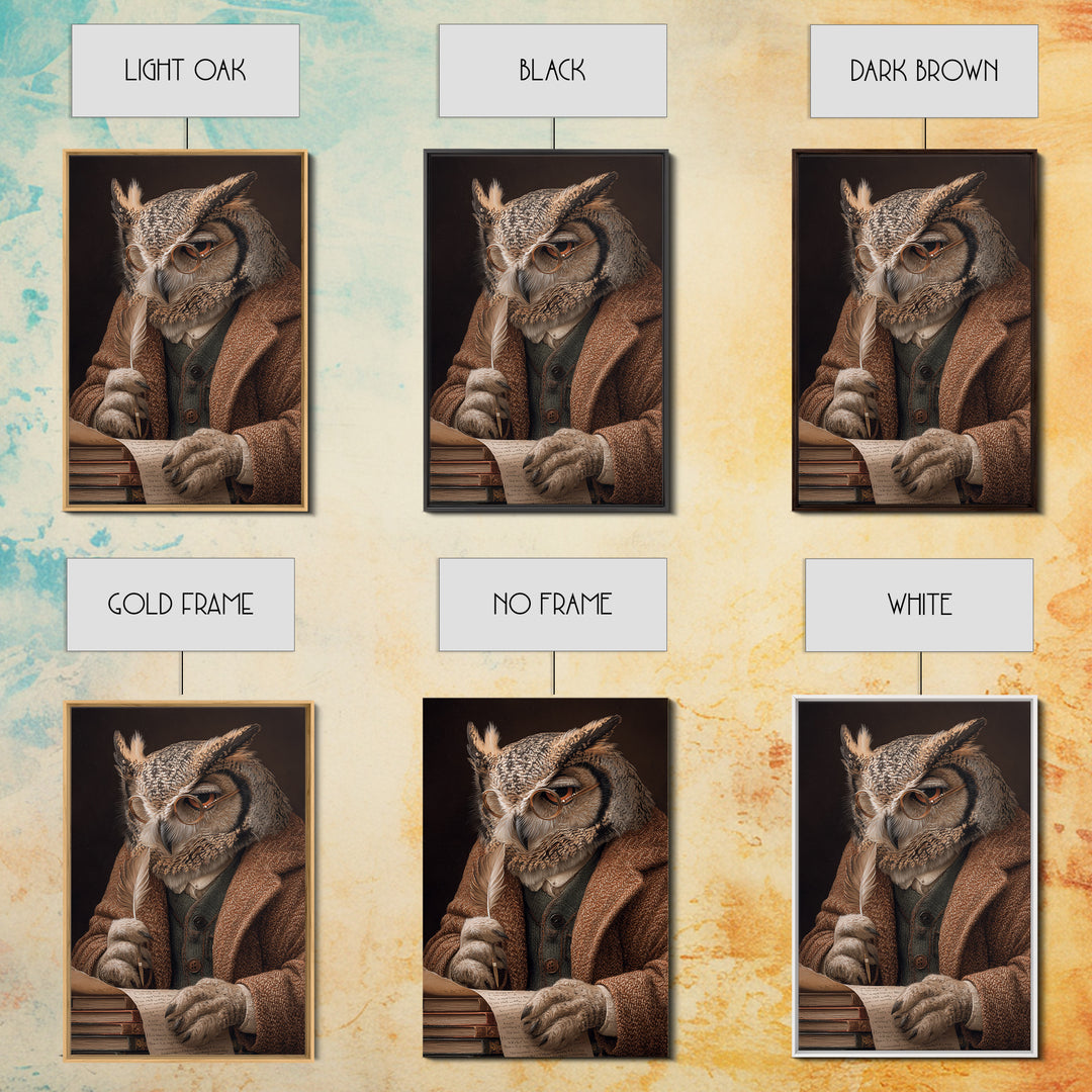 Wise Owl Scholar With Quill Wall Art, Whimsical Animal Portrait, Dark Academia Library Decor, Bird Art Print, Unique Gift