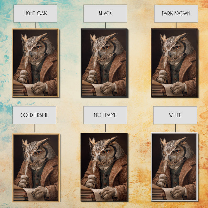 Wise Owl Scholar With Quill Wall Art, Whimsical Animal Portrait, Dark Academia Library Decor, Bird Art Print, Unique Gift