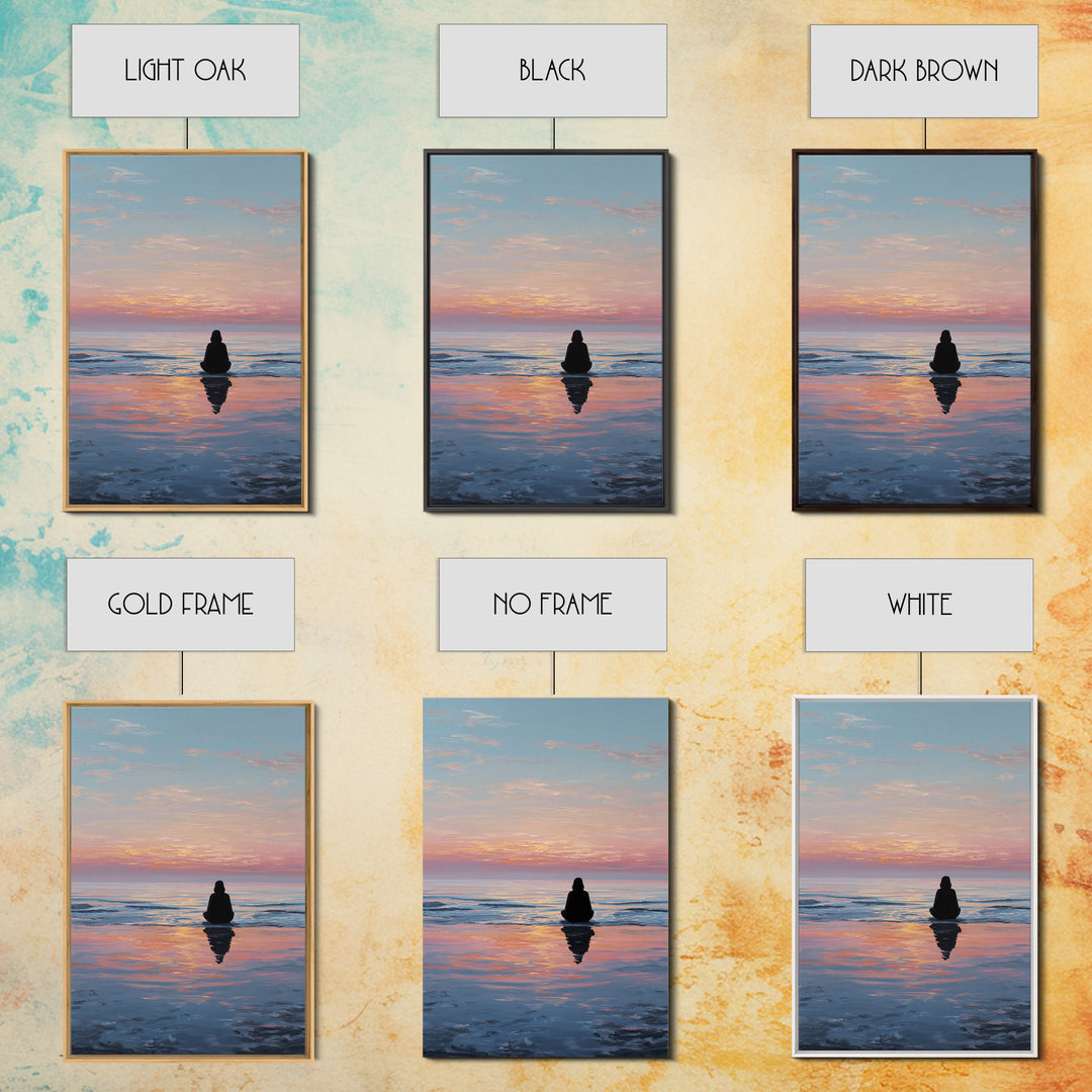Serene Woman Meditating Beach Sunset Oil Painting Modern Wall Art Framed Canvas Print Peaceful Home Decor
