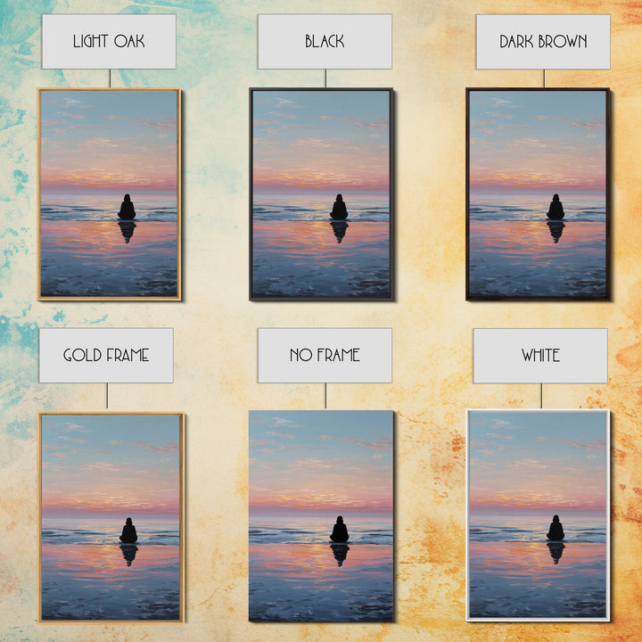 Serene Woman Meditating Beach Sunset Oil Painting Modern Wall Art Framed Canvas Print Peaceful Home Decor