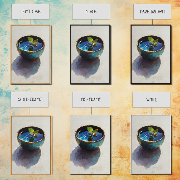 Rustic Blue Pottery Bowl With Leaf Reflection Oil Painting Framed Canvas Print For Home Decor And Wall Art