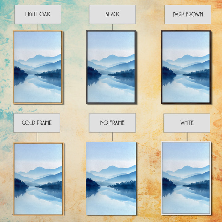 Tranquil Blue Mountain Landscape Painting Watercolor Style Canvas Print For Minimalist Bedroom And Office