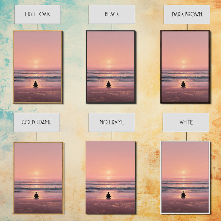 Meditative Seaside Sunset With Silhouette Sitting On Beach Wall Art Beautiful Ocean Canvas Print For Zen Home Decor