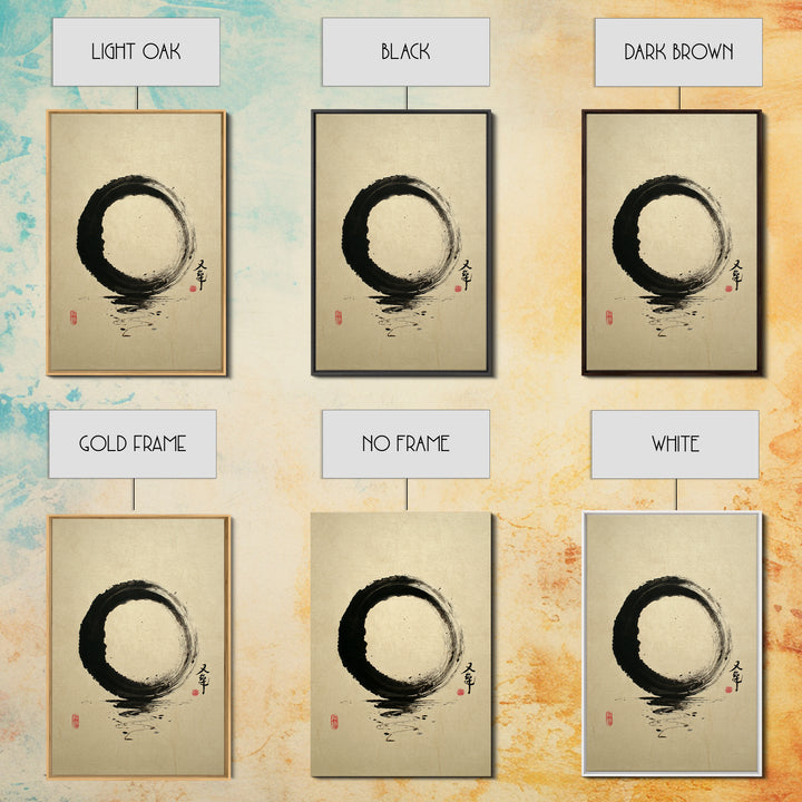 Elegant Minimalist Black Ink Enso Circle With Japanese Calligraphy Wall Art Print Framed Canvas Print For Modern Home Decor