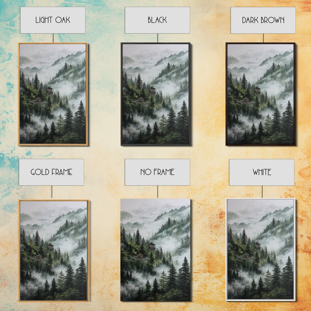 Mist Covered Mountain Landscape With Pine Trees And Hidden Cabin In The Forest Wall Art For Rustic Home Decor Canvas Print