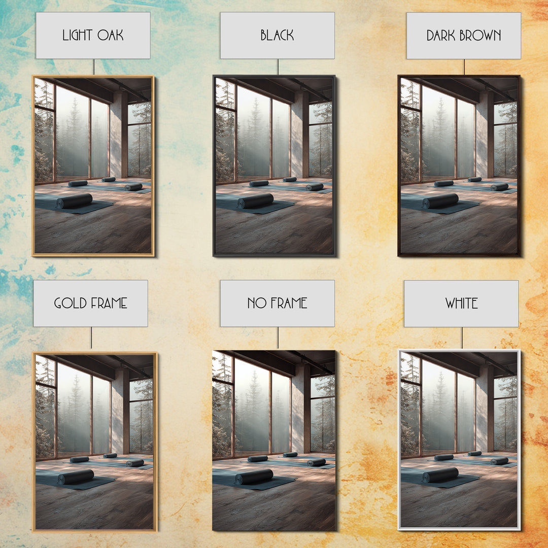 Tranquil Yoga Studio With Mountain View And Natural Light Wall Art Framed Canvas Print For Fitness And Wellness Spaces