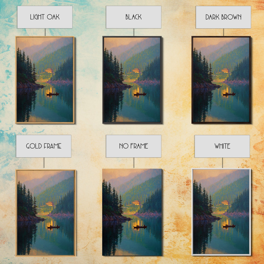 Serene Mountain Lake Landscape With Canoe Reflection Wall Art For Living Room Decor