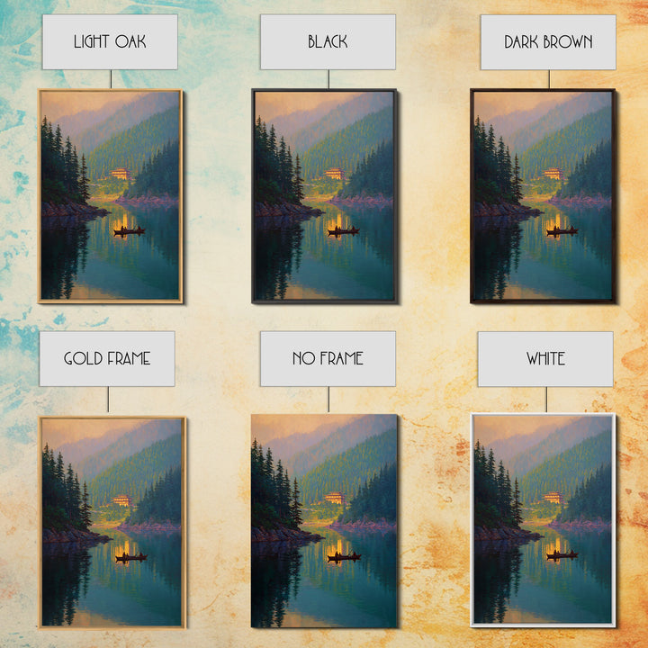 Serene Mountain Lake Landscape With Canoe Reflection Wall Art For Living Room Decor