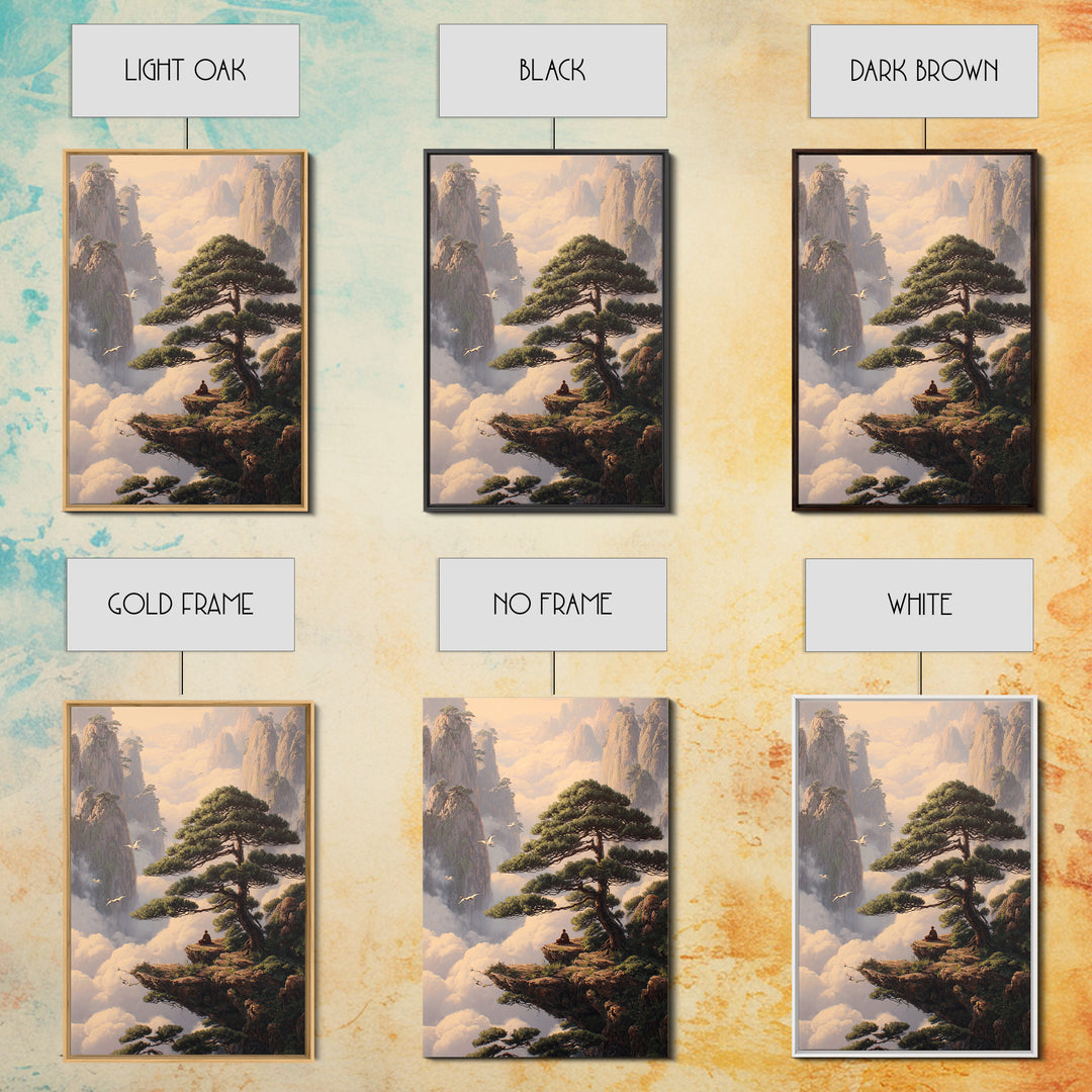 Meditative Man On Cliff Surrounded By Pines And Birds In Misty Mountains Wall Art Print For Tranquil Home Decor