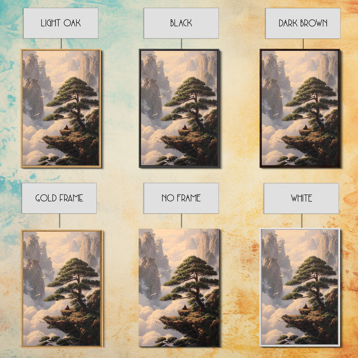 Meditative Man On Cliff Surrounded By Pines And Birds In Misty Mountains Wall Art Print For Tranquil Home Decor