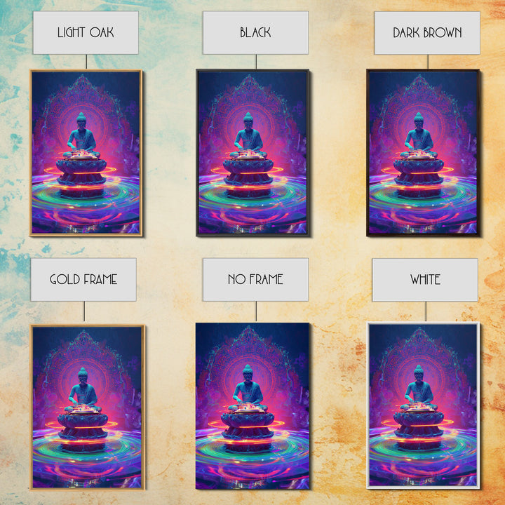 Vibrant Neon Buddha With Sacred Mandala And Energy Rings Wall Art Print Framed Canvas Print Spiritual Home Decor