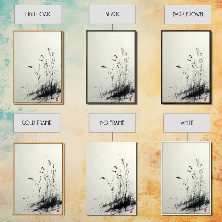 Elegant Black And White Ink Painting Of Windblown Grass Minimalist Wall Art Framed Canvas Print Natural Home Decor