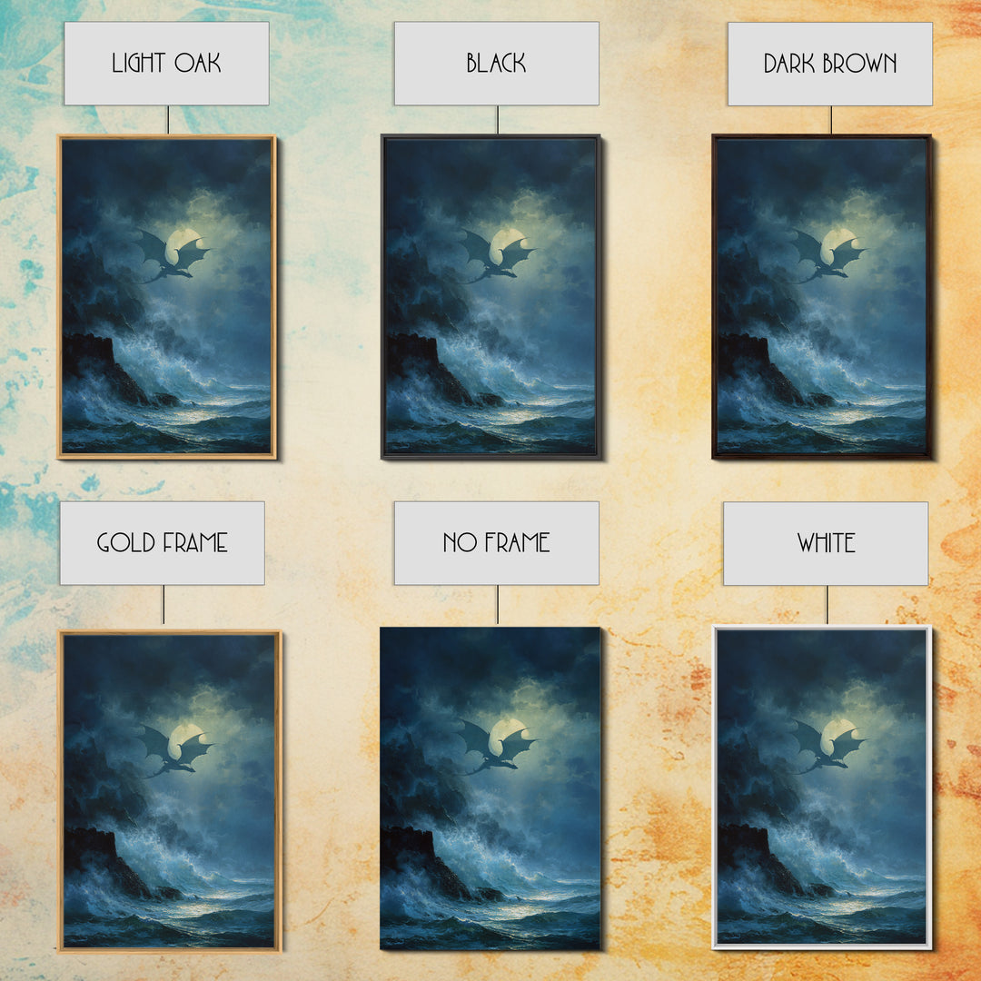 Moonlit Dragon Above Stormy Ocean Wall Art Gothic Seascape Canvas Print For Fantasy Decor Coastal Art And Moody Home Decor Gift For Him