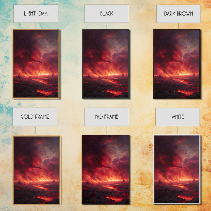 Fiery Dragon Apocalypse Landscape Wall Art, Dark Fantasy Canvas Decor, Gothic Medieval Battle, Large Fantasy Art Print Poster