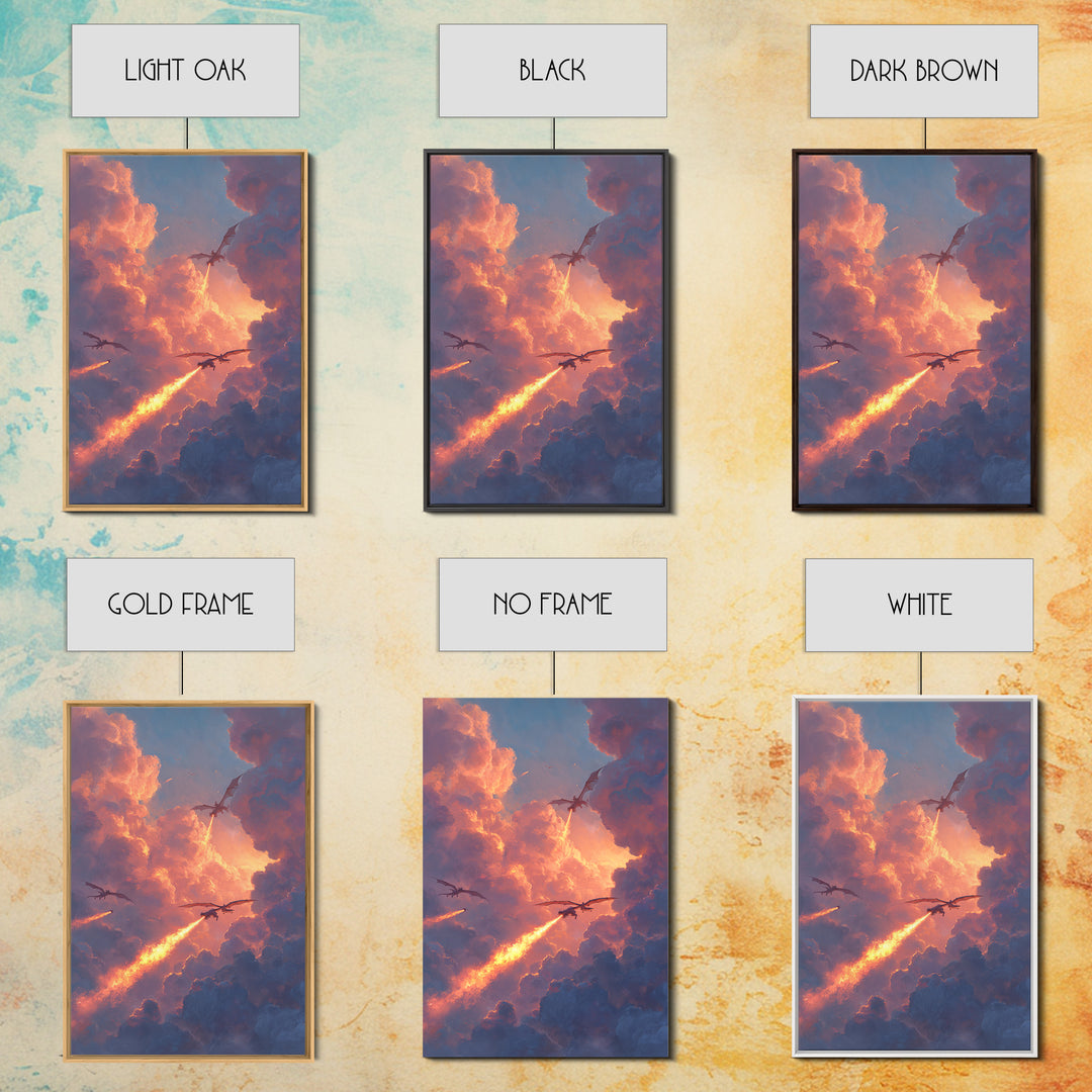 Dragons Breathing Fire Through Sunset Clouds Canvas Print, Fantasy Sky Wall Art, Vibrant Large Statement Living Room Home Decor