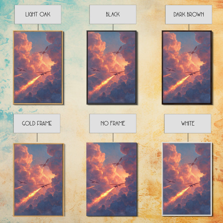 Dragons Breathing Fire Through Sunset Clouds Canvas Print, Fantasy Sky Wall Art, Vibrant Large Statement Living Room Home Decor