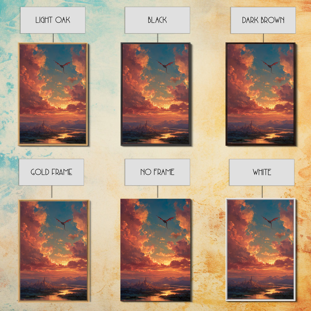 Sunset Dragon Above Spired City Framed Canvas Print, Fantasy Landscape Wall Art, Castle Decor For Living Room, Epic Home Decor