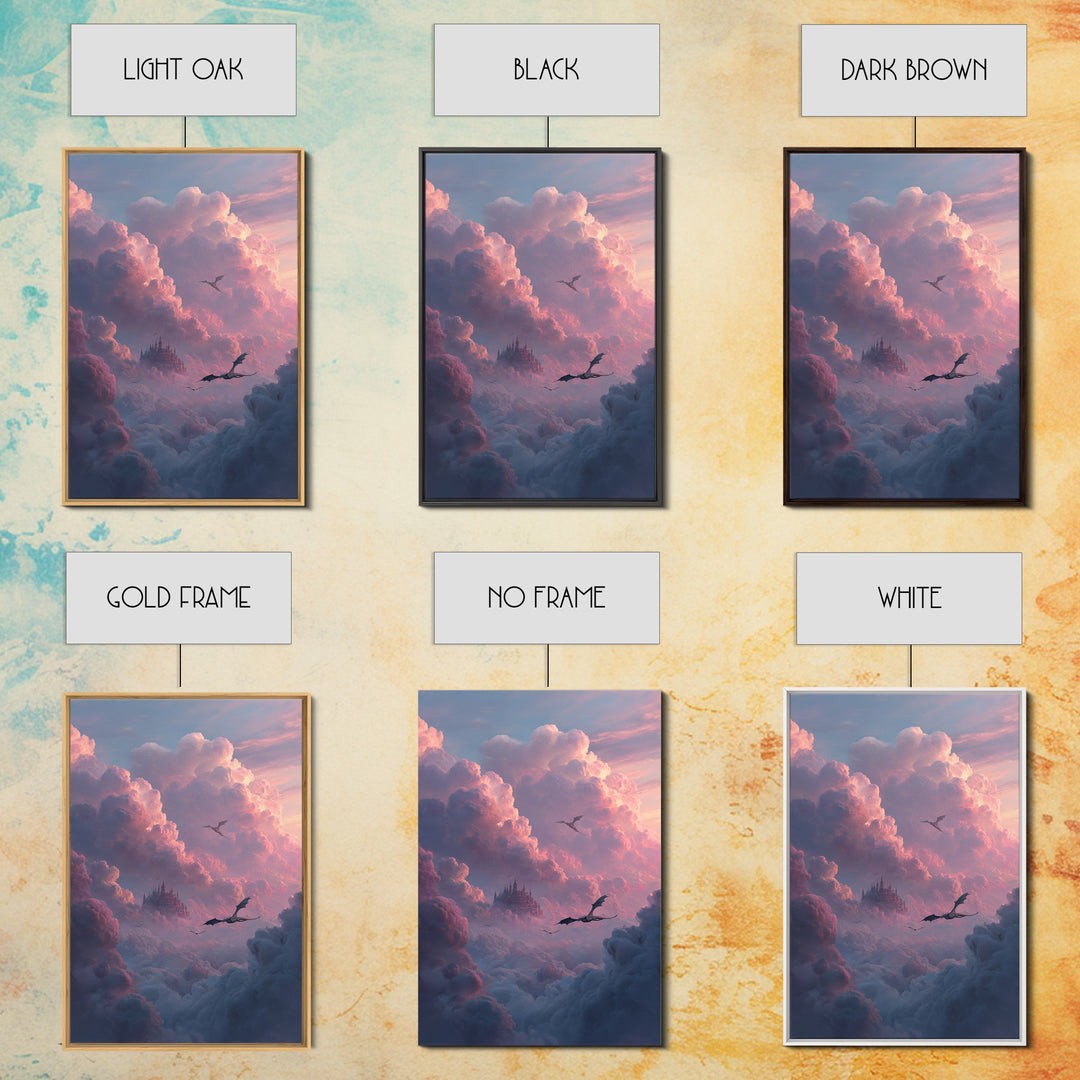 Pink Cloud Castle With Flying Dragons Canvas Print, Dreamy Fantasy Wall Art, Soft Pastel Celestial Nursery And Bedroom Decor