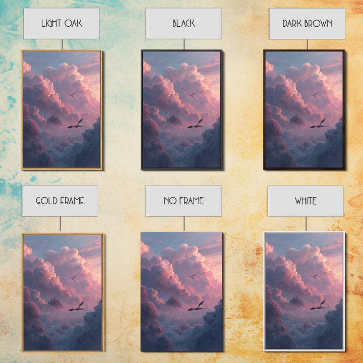 Pink Cloud Castle With Flying Dragons Canvas Print, Dreamy Fantasy Wall Art, Soft Pastel Celestial Nursery And Bedroom Decor