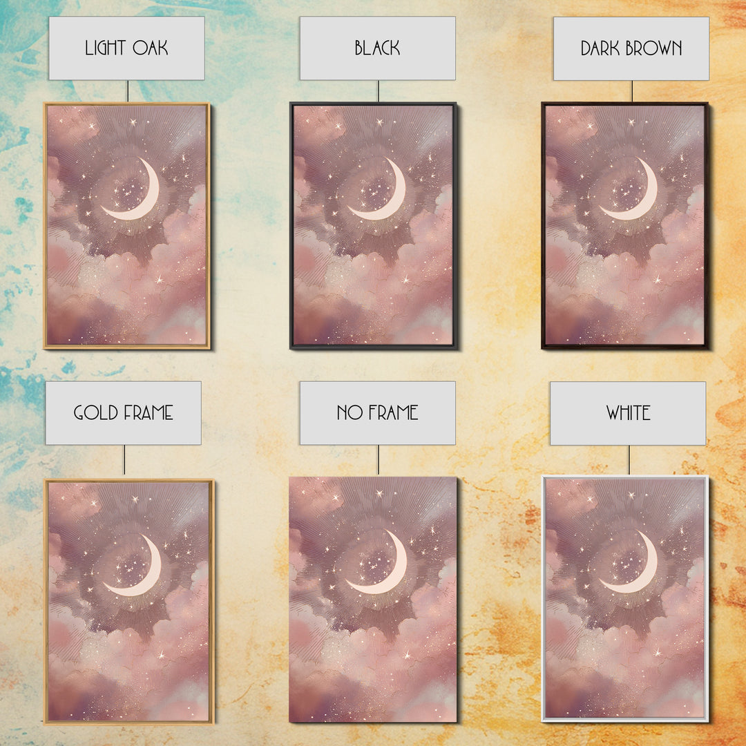 Crescent Moon And Starry Pink Clouds Wall Art, Celestial Canvas Print, Whimsigoth Bedroom Decor, Mystical Nursery Art, Gift For Her