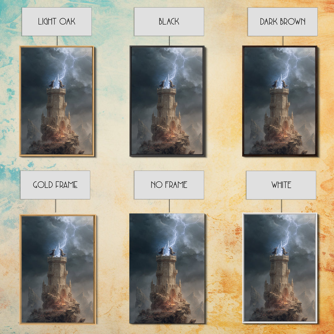 Lightning Strikes Wizard Tower On Stormy Peak Framed Canvas Print, Fantasy Wall Art, Dark Gothic Decor, Magical Castle Art