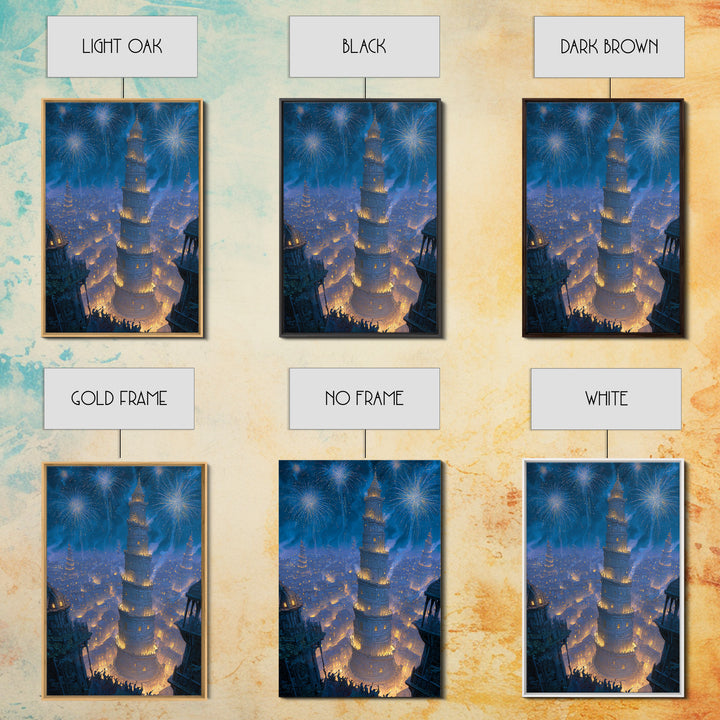 Blue Fireworks Over Magical City Tower Canvas Print, Fantasy Wall Art, Medieval Celebration Decor, Enchanted Skyline Art