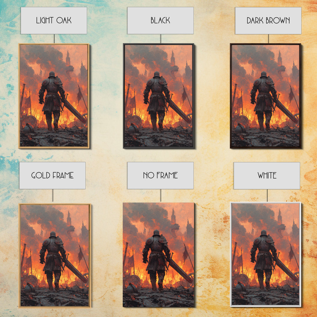 Armored Knight Walking Through Burning Battlefield Wall Art, Dark Fantasy Canvas, Medieval Warrior Decor, Dramatic Fire Art Print