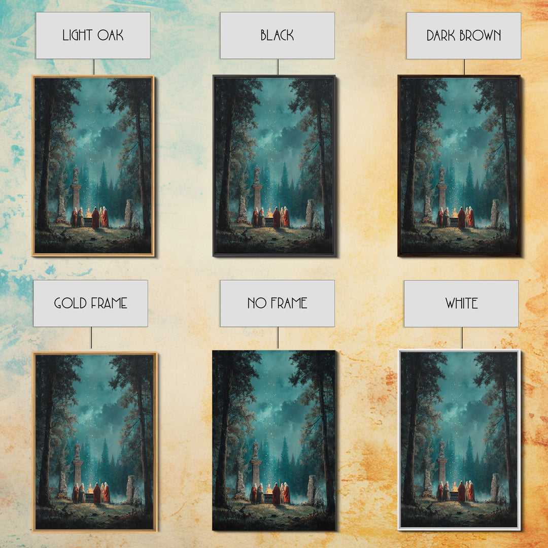 Mystic Forest Ritual Beneath Teal Night Sky Framed Canvas Print, Fantasy Wall Art, Spiritual Decor, Enchanted Woodland Art
