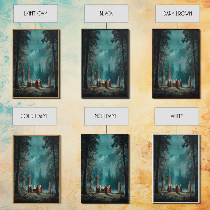 Mystic Forest Ritual Beneath Teal Night Sky Framed Canvas Print, Fantasy Wall Art, Spiritual Decor, Enchanted Woodland Art