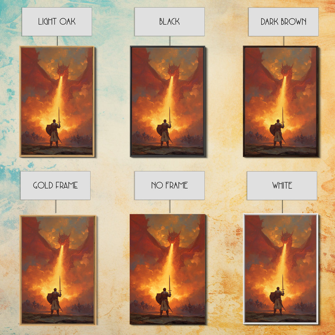 Lone Swordsman Facing Fire Breathing Red Dragon Wall Art, Epic Fantasy Canvas Print, Medieval Battle Living Room Decor Gift