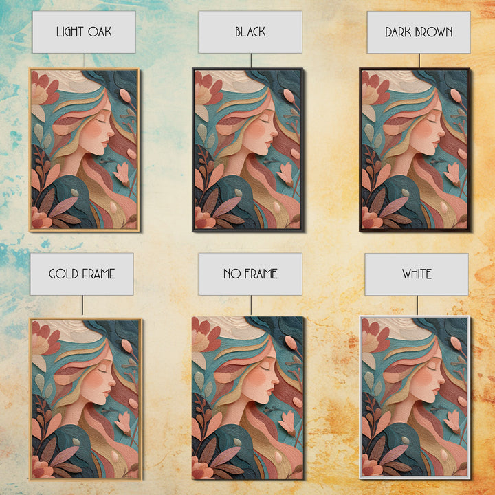 Art Nouveau Floral Woman Portrait Wall Art, Feminine Boho Canvas, Teal Peach Bedroom Decor, Elegant Gift For Her, Modern Home Decor