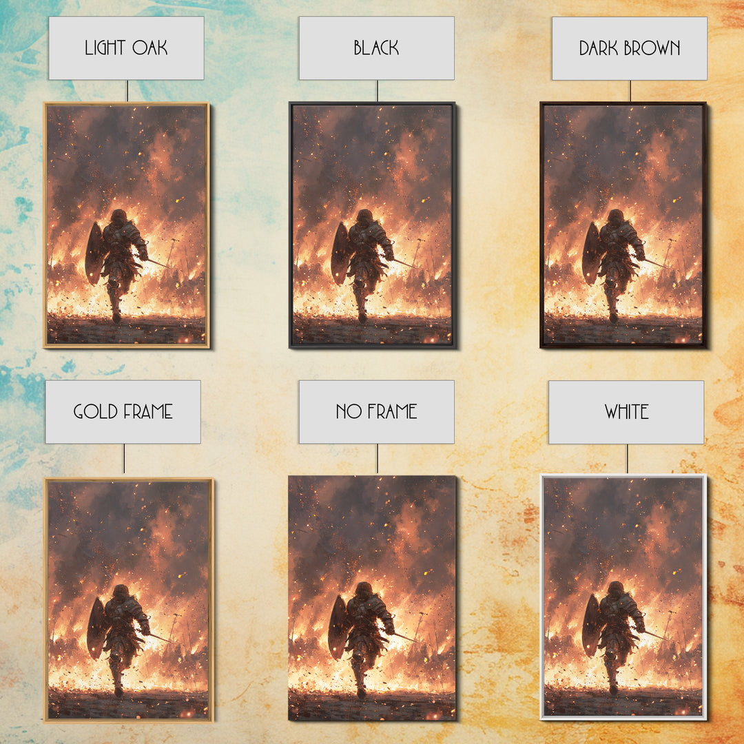 Knight Running Through Fire Wall Art, Dark Fantasy Medieval Battle Print, Gothic Warrior Canvas Decor, Dramatic Game Room Art