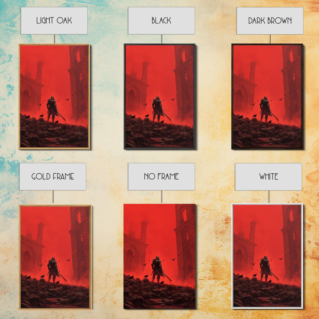 Knight In Crimson Ruins Wall Art, Dark Fantasy Red Gothic Print, Medieval Warrior Decor, Crows And Skulls, Bold Wall Decor