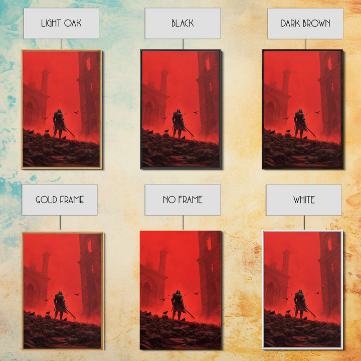 Knight In Crimson Ruins Wall Art, Dark Fantasy Red Gothic Print, Medieval Warrior Decor, Crows And Skulls, Bold Wall Decor