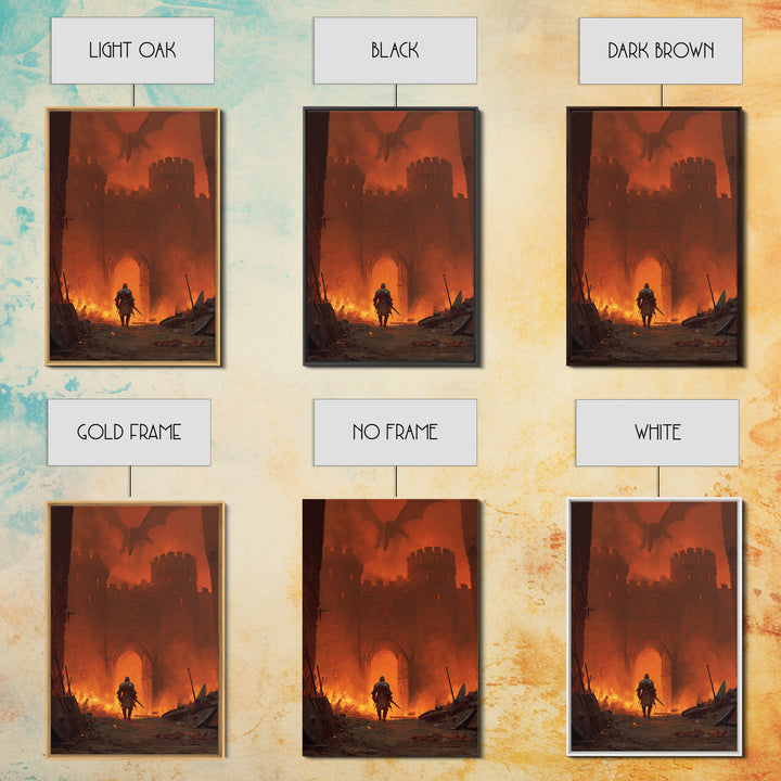 Knight At Burning Castle Gate Wall Art, Dark Fantasy Dragon Print, Medieval Warrior Decor, Gothic Game Room Artwork Gift