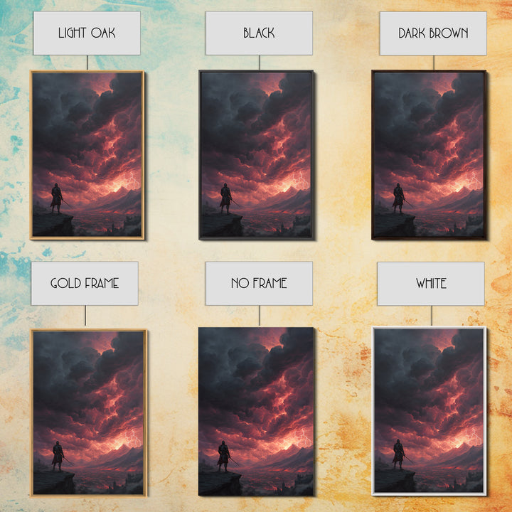 Lone Warrior Under Crimson Lightning Storm Wall Art, Dark Fantasy Landscape, Medieval Castle Decor, Dramatic Gothic Poster