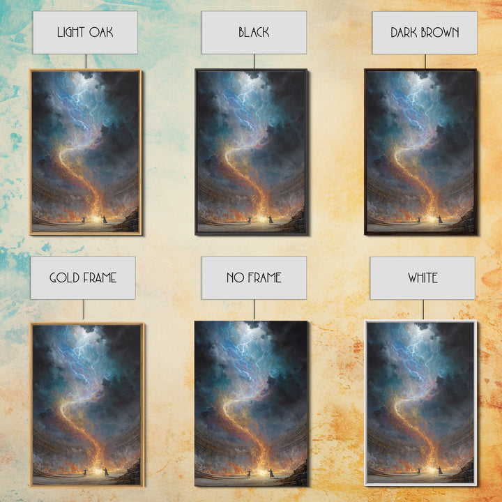 Celestial Firestorm Vortex In Ancient Arena Canvas Print, Epic Fantasy Wall Art, Cosmic Lightning Decor, Dramatic Poster
