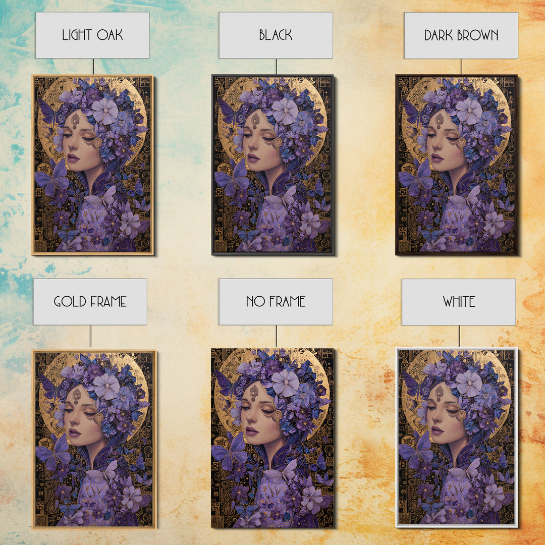 Purple Floral Goddess Portrait Wall Art, Art Nouveau Butterfly Decor, Feminine Celestial Canvas Print, Gift For Her, Boho Wall Decor