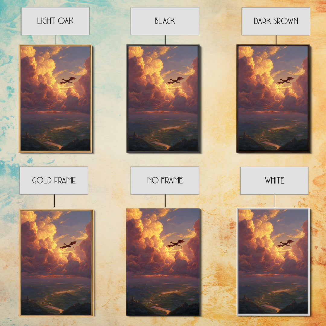 Dragon Flying Through Golden Sunset Clouds Wall Art, Epic Fantasy Landscape, Castle Valley Decor, Large Canvas Print, Gift For Him